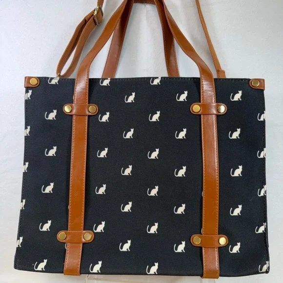 ModCloth Cat Print Tote Bag Purse Black Shoulder Bag with Strap - Picture 2 of 10